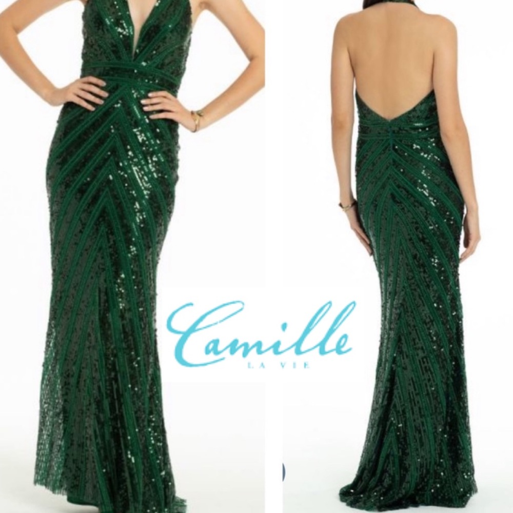 CAMILLE LE VIE Green sequin halter gown PROM DRESS